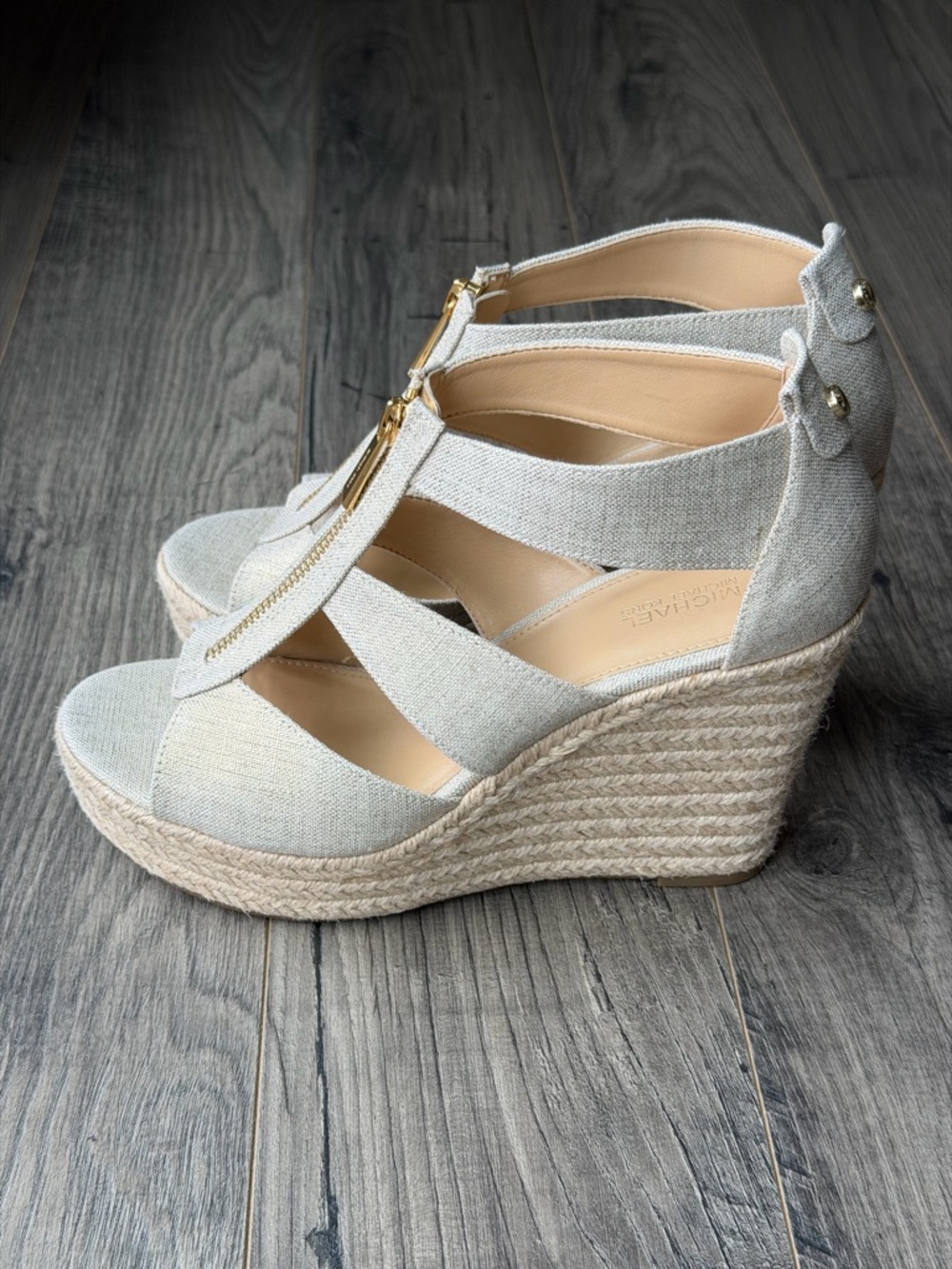 Michael Kors Damita Espadrille Wedge Sandals with Gold Zipper - Linen Look - 8 - Picture 8 of 13